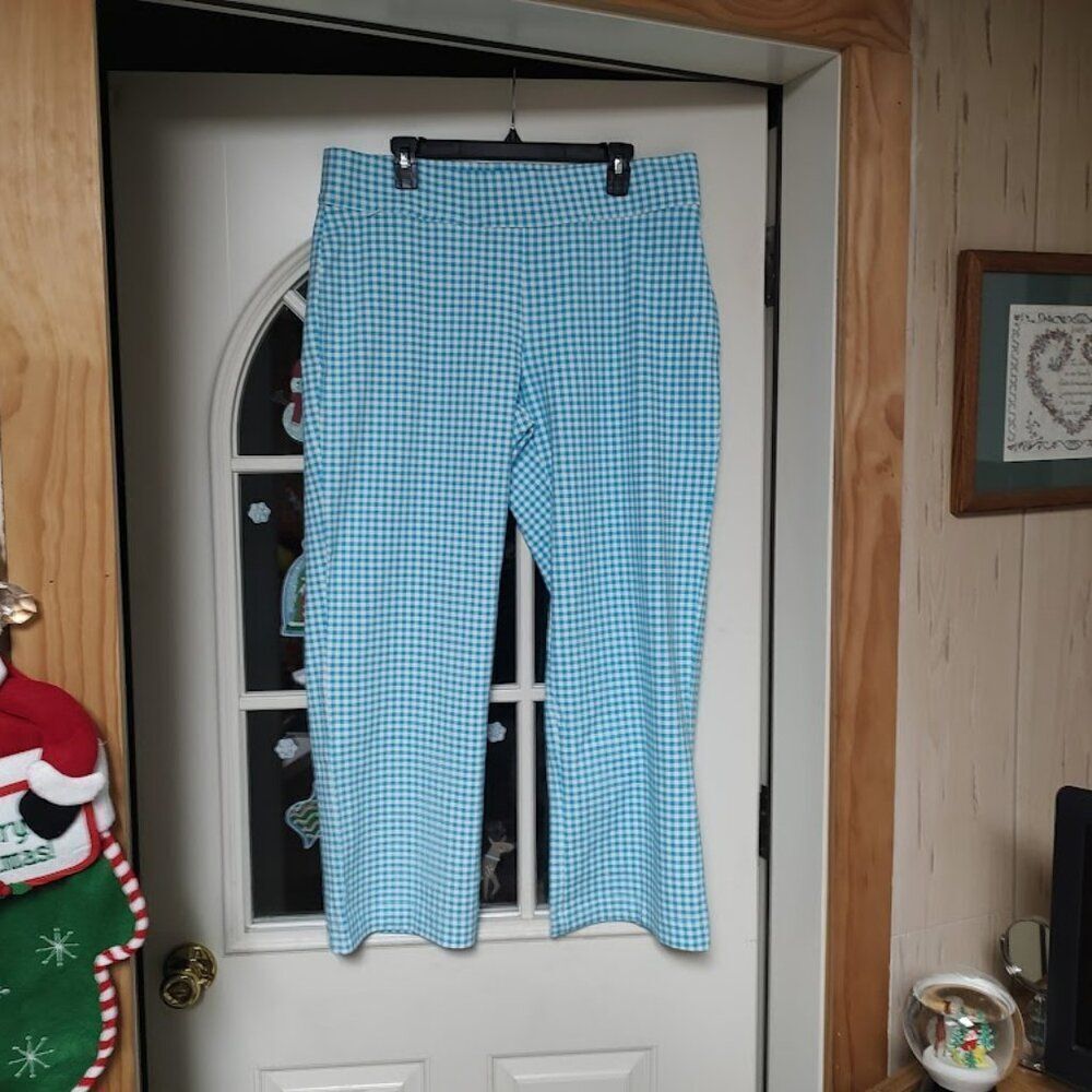 New Lands End Starfish Straight Leg Blue White Checked Pull On Pants Women's XL